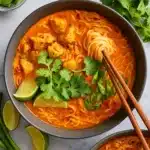 Thai Red Curry Noodle Soup in a bowl with herbs and lime