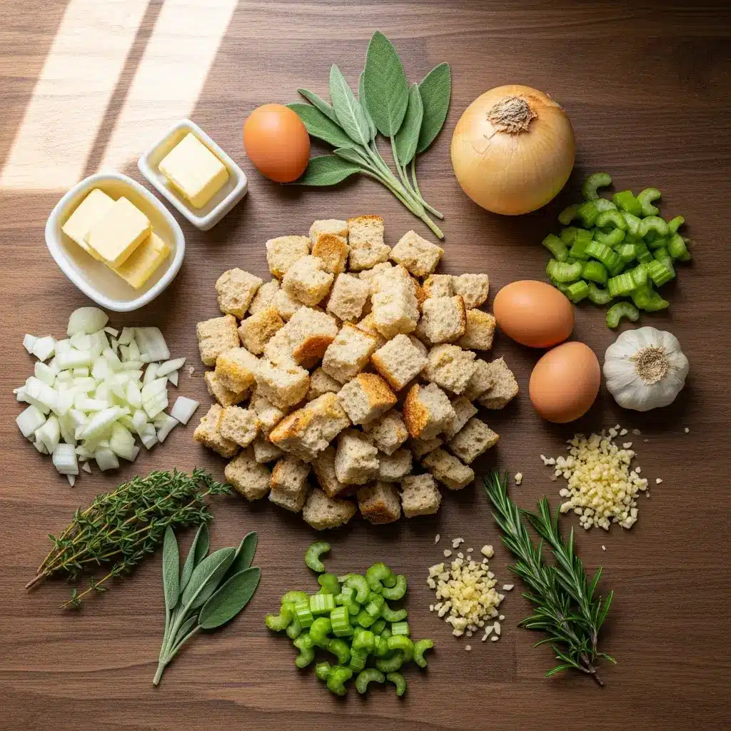 Thanksgiving Turkey Stuffing ingredients on wooden table
