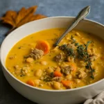 Turkey Pumpkin White Bean Chili in a cozy fall setting