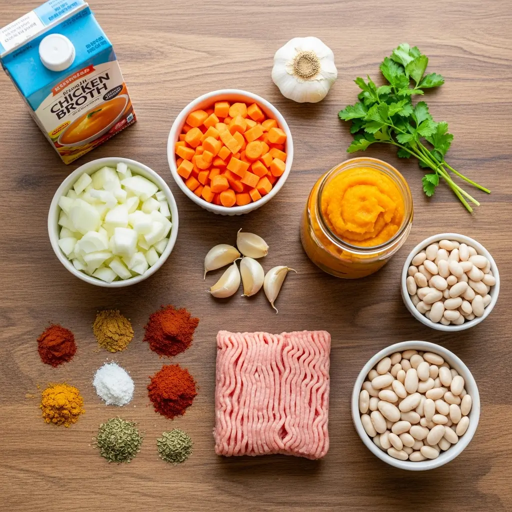 Ingredients for Turkey Pumpkin White Bean Chili laid out on a table