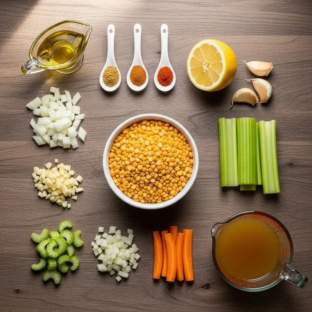 Ingredients for Turkish Split Pea Soup laid out on a table