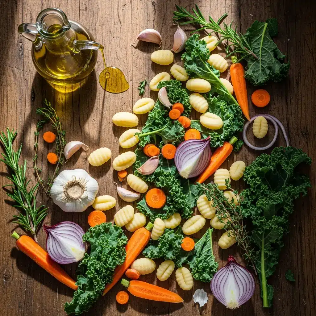 ingredients for vegan gnocchi soup on counter