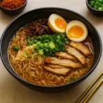 20 Minute Chicken Ramen in a bowl with chicken and vegetables