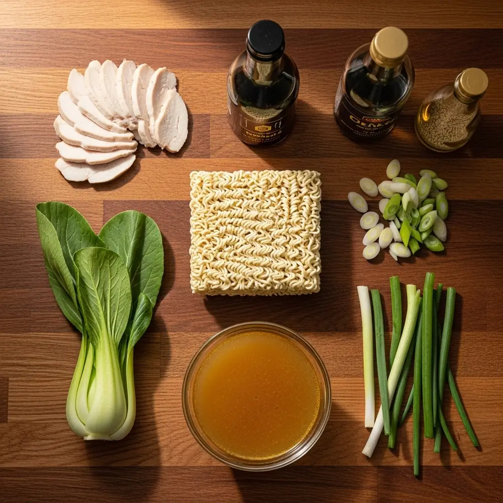 Ingredients for 20 Minute Chicken Ramen arranged on table