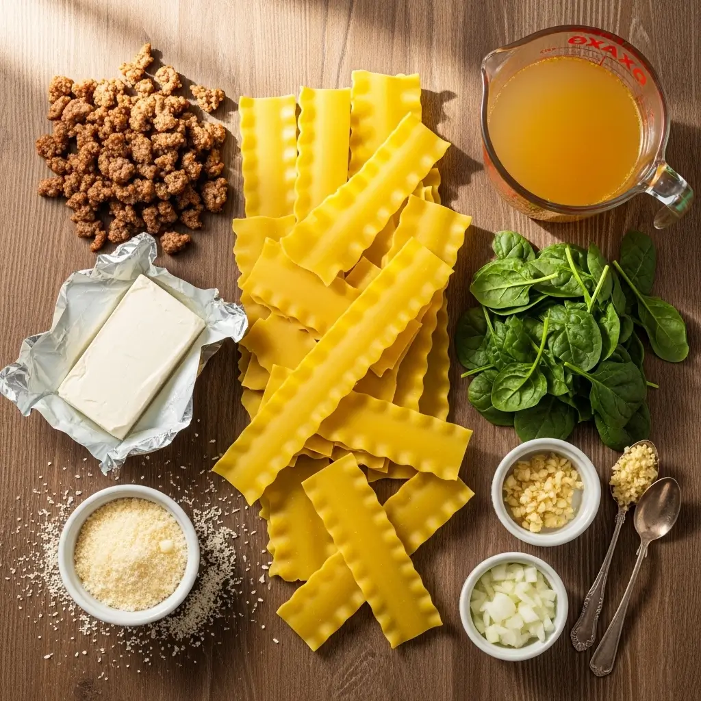 Alfredo Lasagna Soup ingredients flat lay