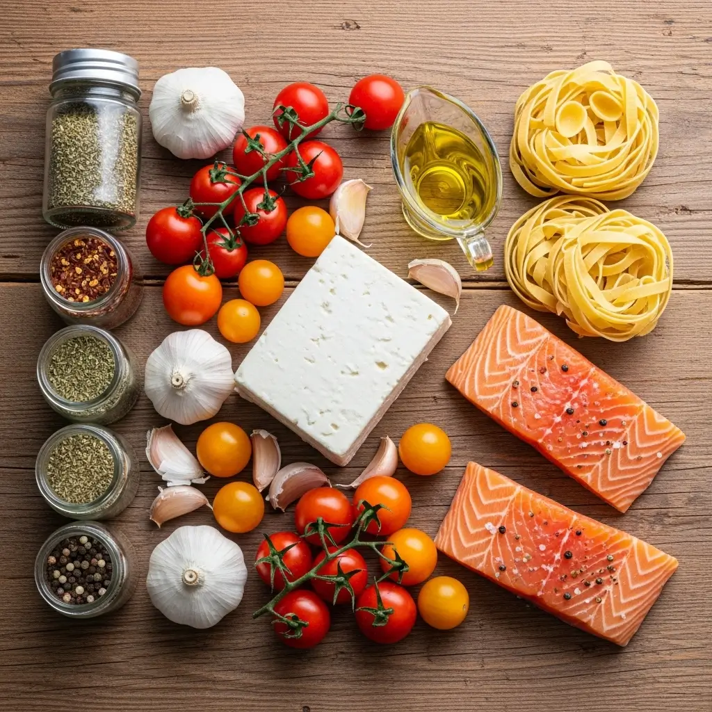 ingredients for baked feta pasta with salmon