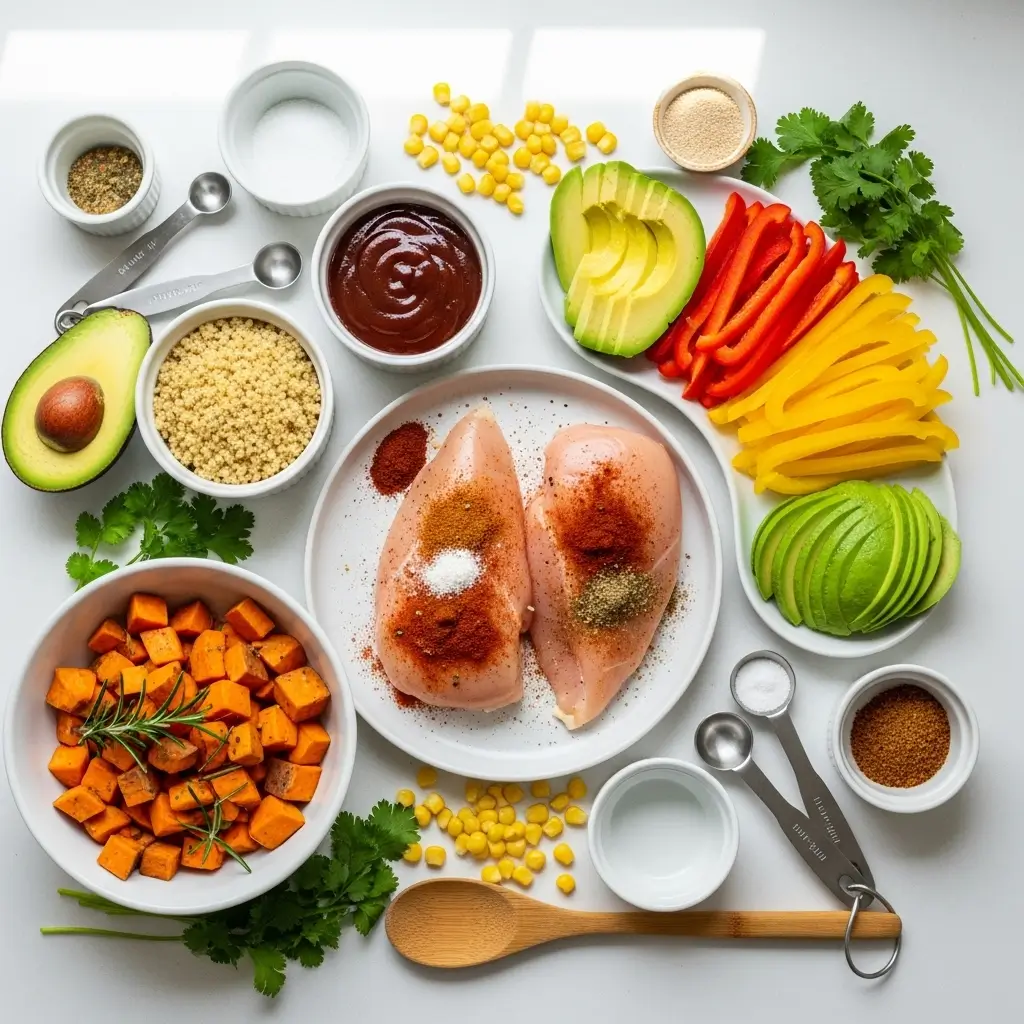 Ingredients for BBQ Chicken and Roasted Sweet Potato Bowls