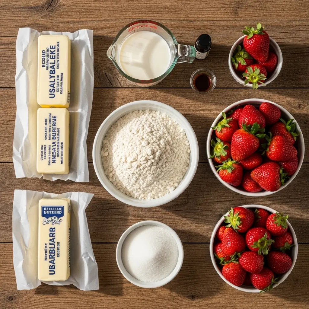 Ingredients for Best Strawberry Shortcake laid out on table