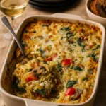 Cheesy Baked Orzo with Vegetables fresh from the oven