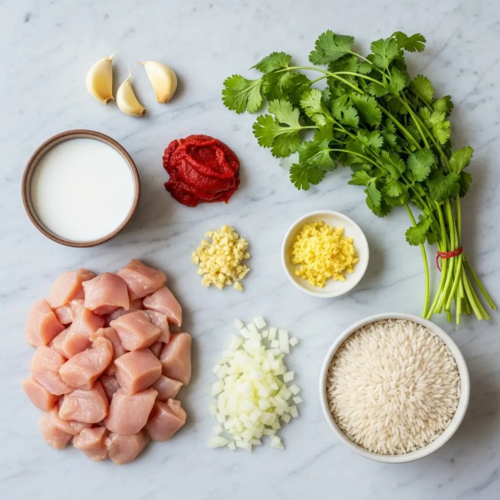 coconut chicken rice bowl ingredients flat lay