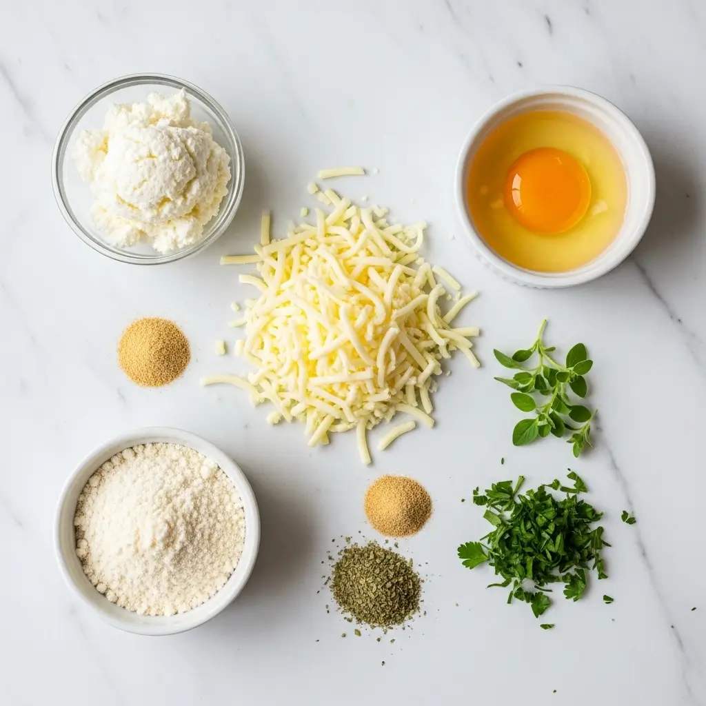 Cottage Cheese Mozzarella Bites ingredients flat lay