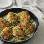 Creamy Garlic Parmesan Chicken Thighs in skillet with sauce