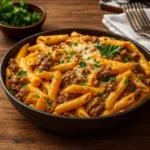Creamy High Protein Beef Pasta with cheese and parsley