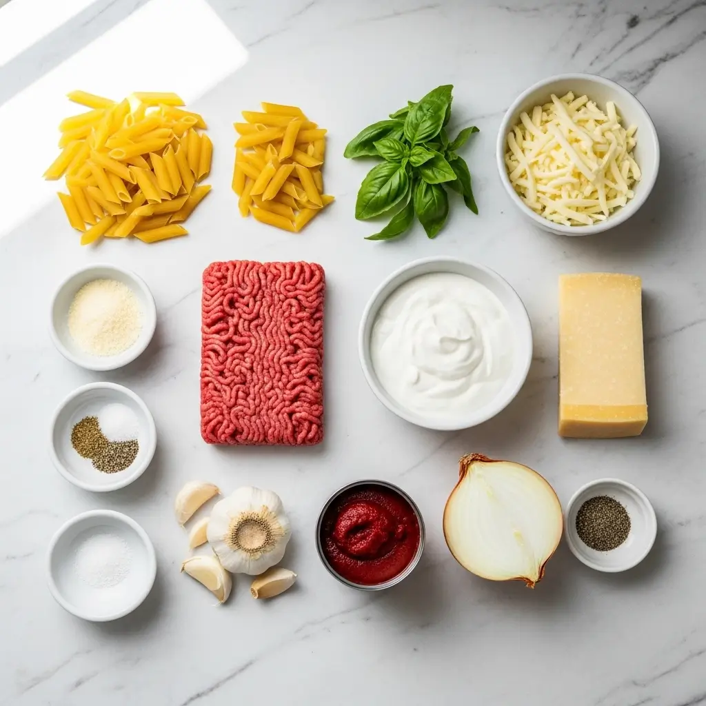 Ingredients for Creamy High Protein Beef Pasta