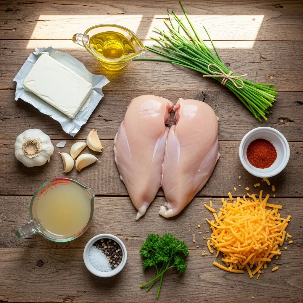 Easy Baked Cream Cheese Chicken ingredients flat lay