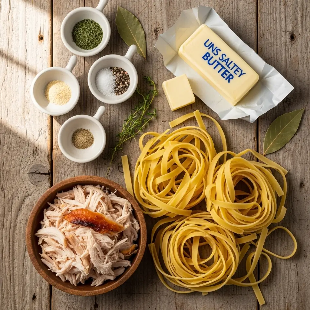 Easy Chicken and Noodles ingredients flat lay
