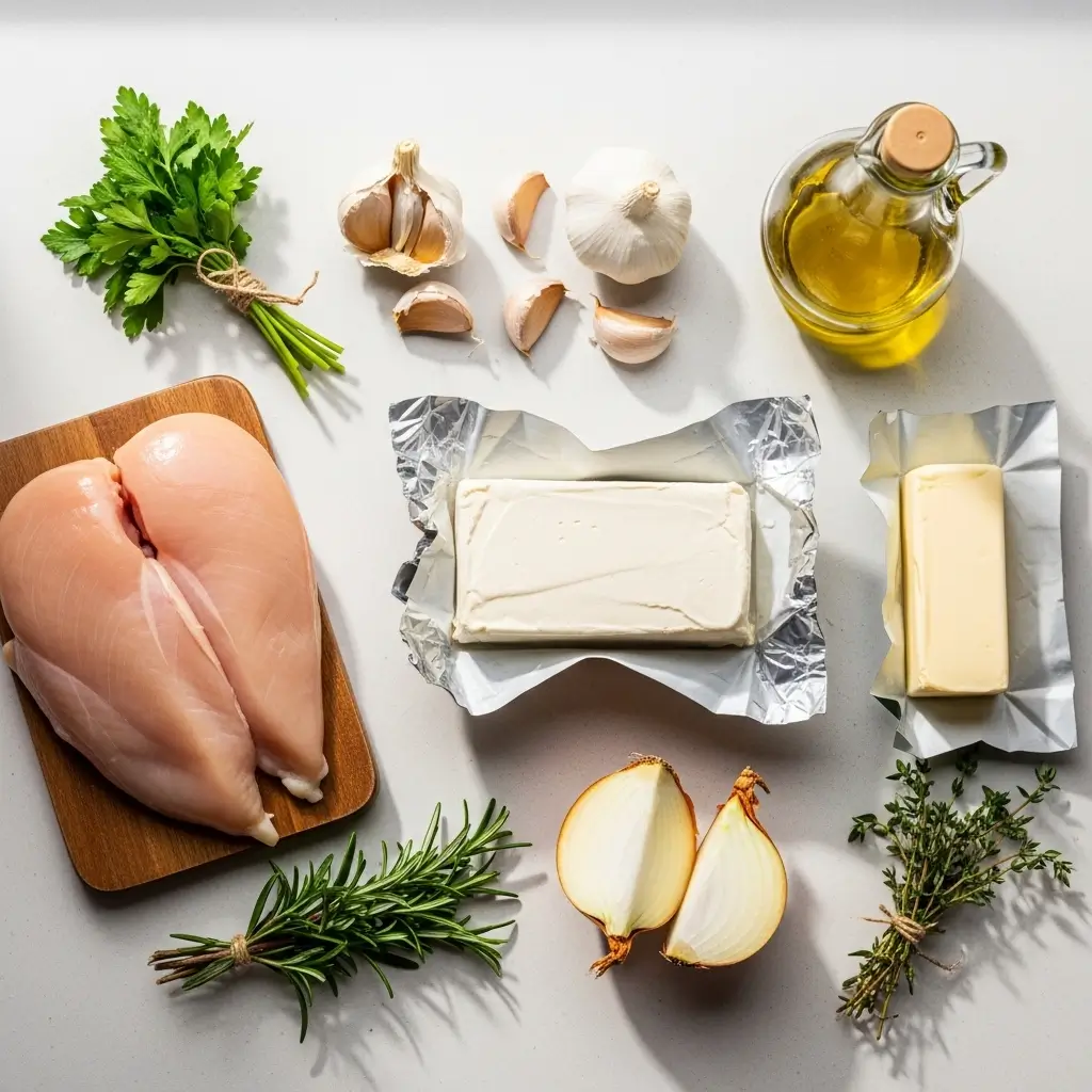 Easy Cream Cheese Chicken ingredients flat lay