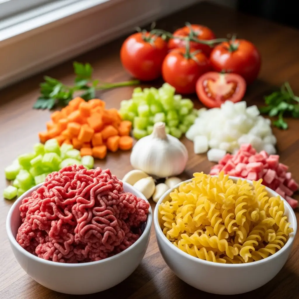Easy Hamburger Noodle Soup ingredients on counter
