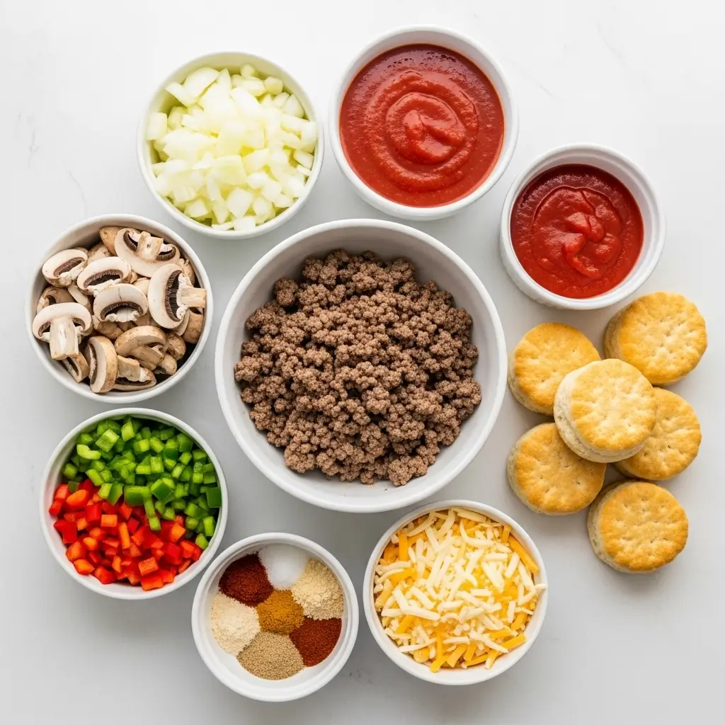 Easy Healthy Sloppy Joe Biscuit Bake ingredients flat lay