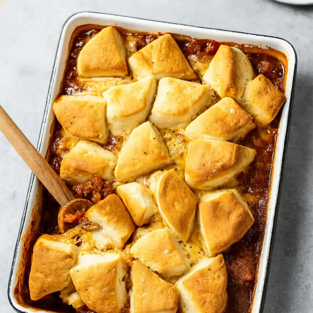 Easy Healthy Sloppy Joe Biscuit Bake fresh out of oven