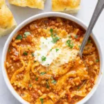 Easy Lasagna Soup with cheese and parsley