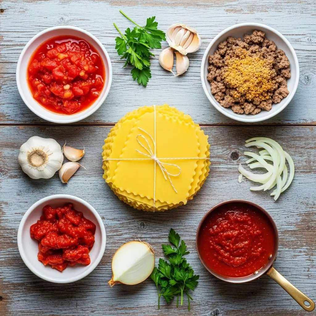 Easy Lasagna Soup ingredients flat lay
