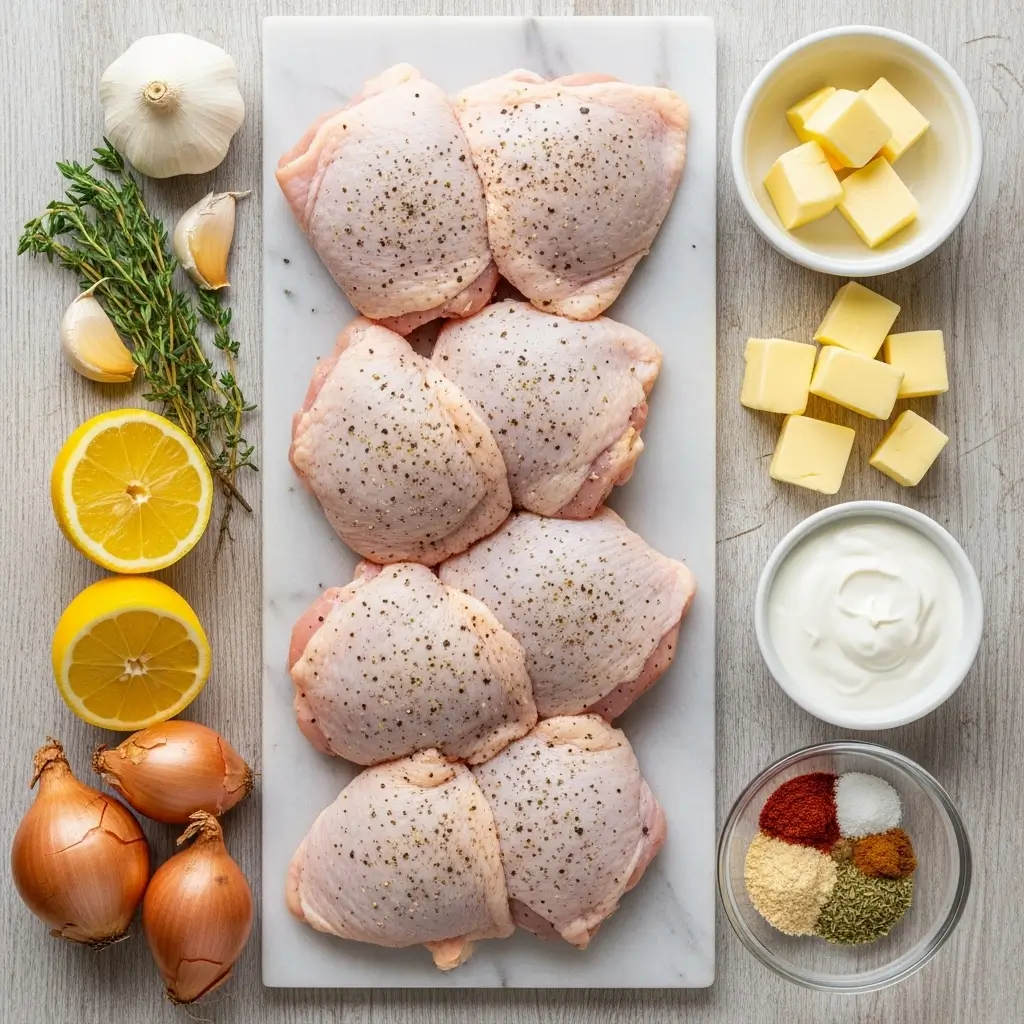 Easy Skillet Chicken Thighs Ingredients on Wooden Table
