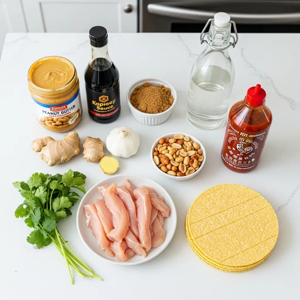 Easy Thai Peanut Chicken Wraps ingredients flat lay