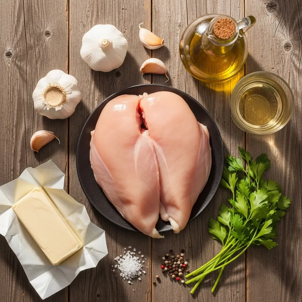 Ingredients for Garlic Butter Chicken on table