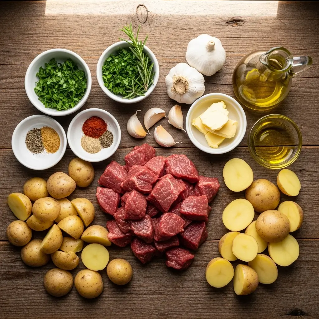 Garlic Steak Bites and Potatoes ingredients flat lay