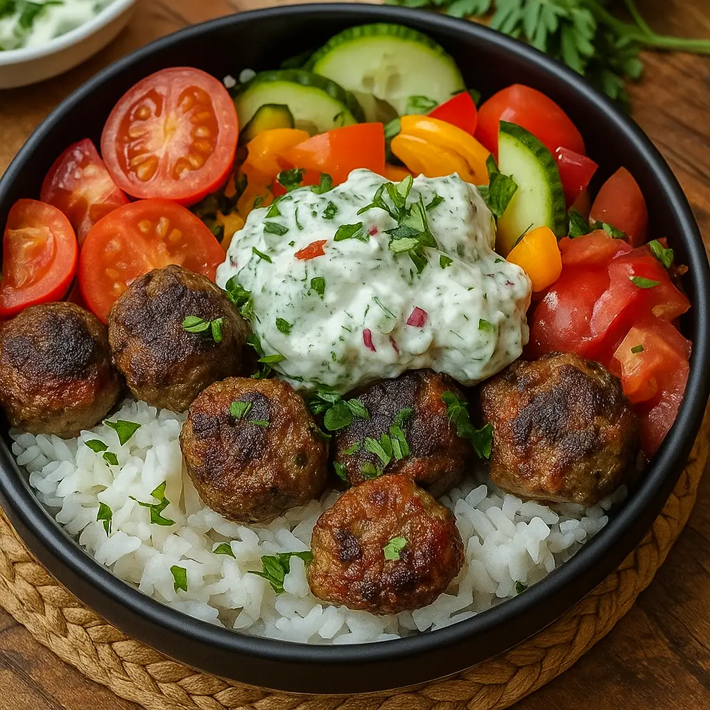 Greek Meatball Bowl with Tzatziki, Rice & Fresh Veggies – Quick Flavorful Meal