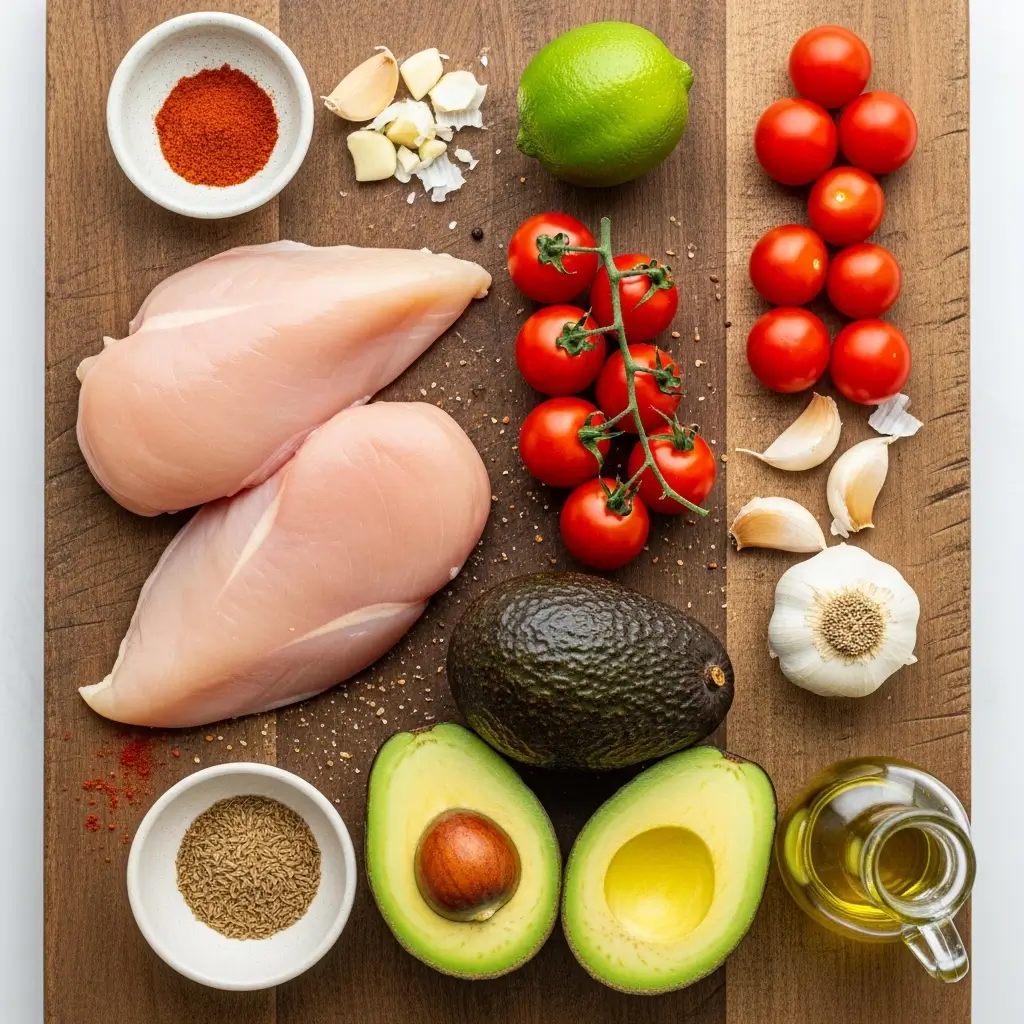 Grilled California Avocado Chicken ingredients flat lay