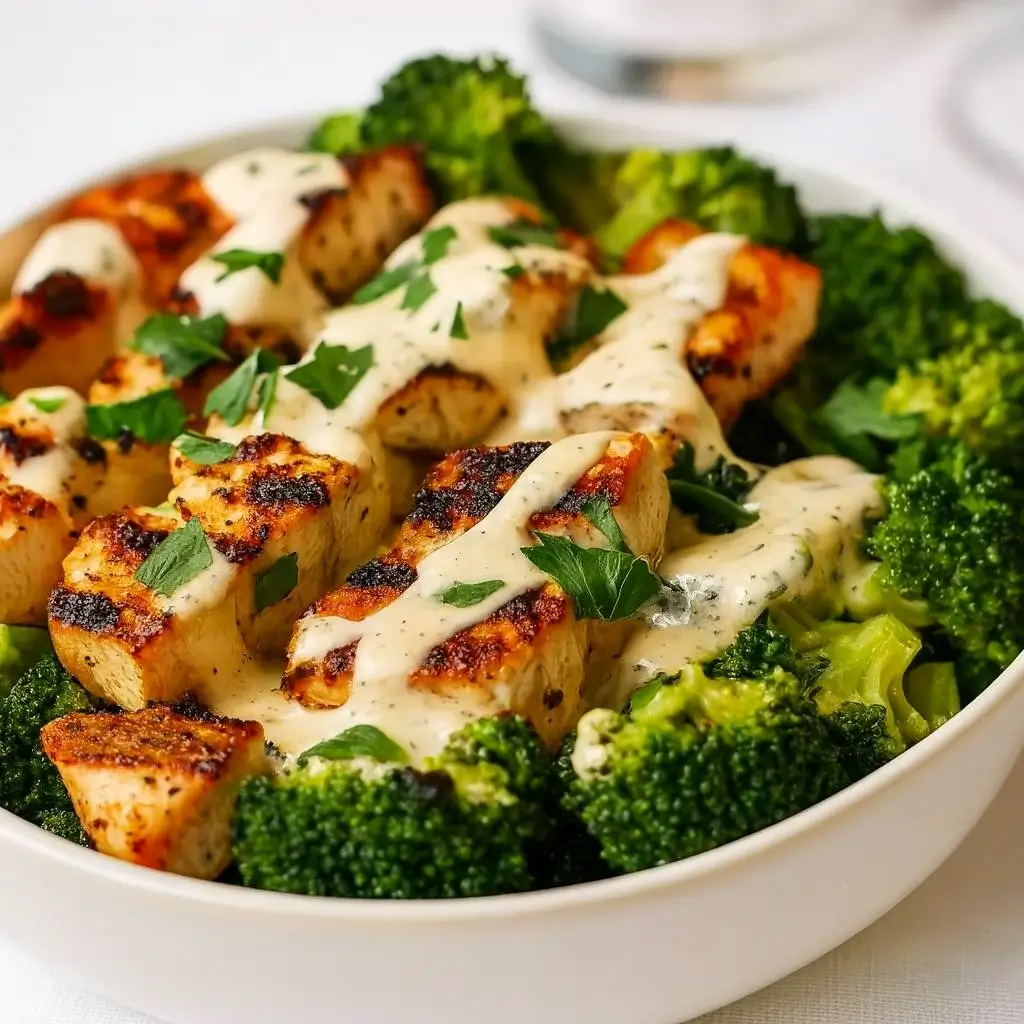 Grilled Chicken and Broccoli Bowls with Creamy Garlic Sauce – Easy Creamy Garlic Dinner