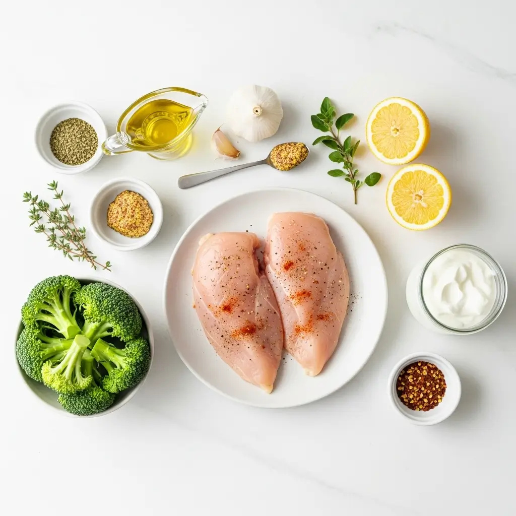 Ingredients for Grilled Chicken and Broccoli Bowls with Creamy Garlic Sauce