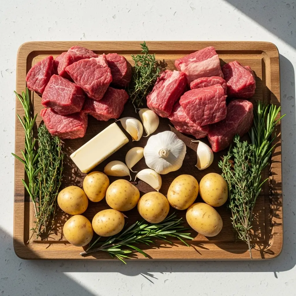 Ingredients for High Protein Slow Cooker Garlic Butter Beef Bites