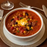 High-Protein Taco Soup in rustic bowl