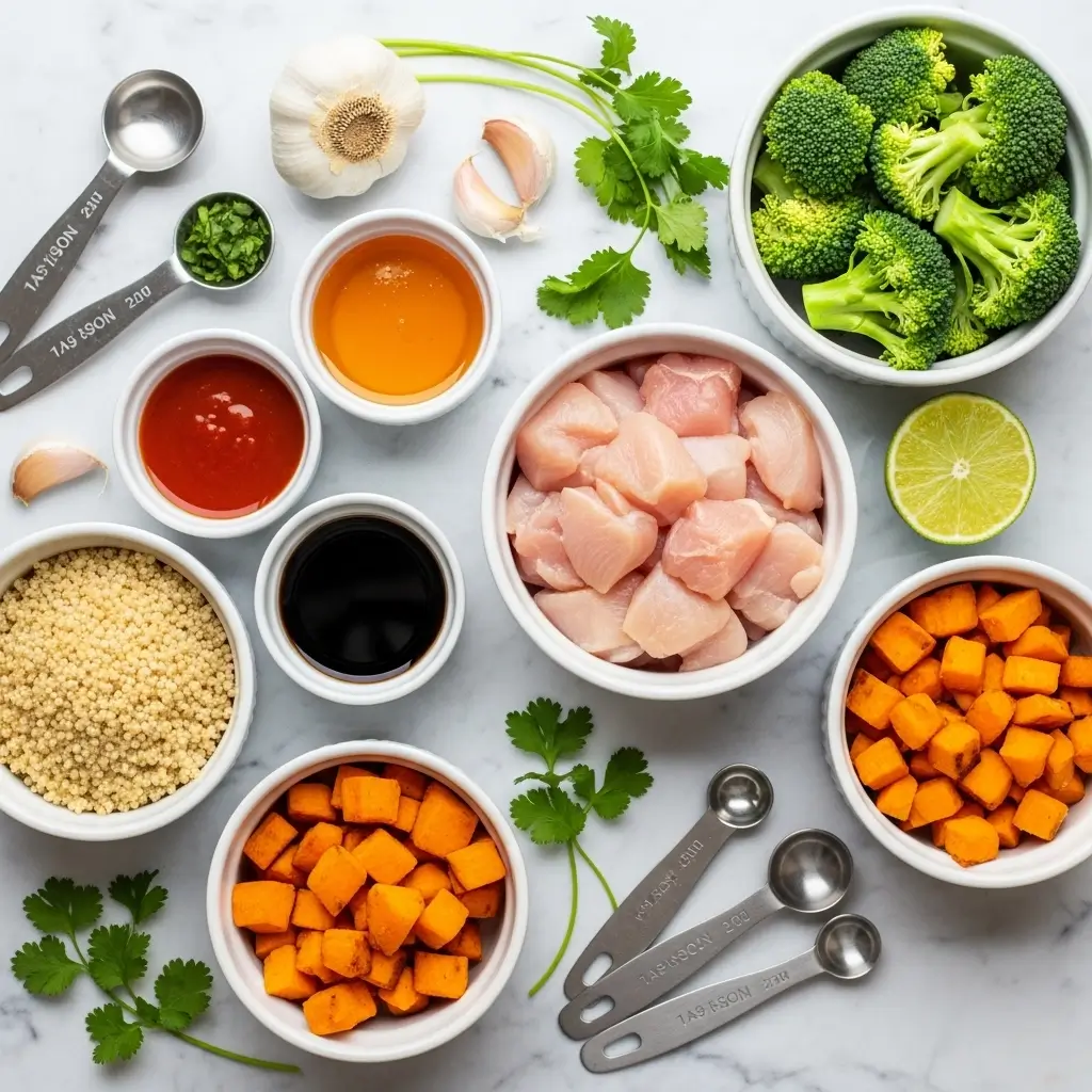 Hot Honey Chicken Bowls ingredients flat lay