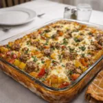 Italian Sausage and Pepper Casserole baked with mozzarella cheese