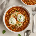 Lasagna Soup with Ricotta in rustic bowl