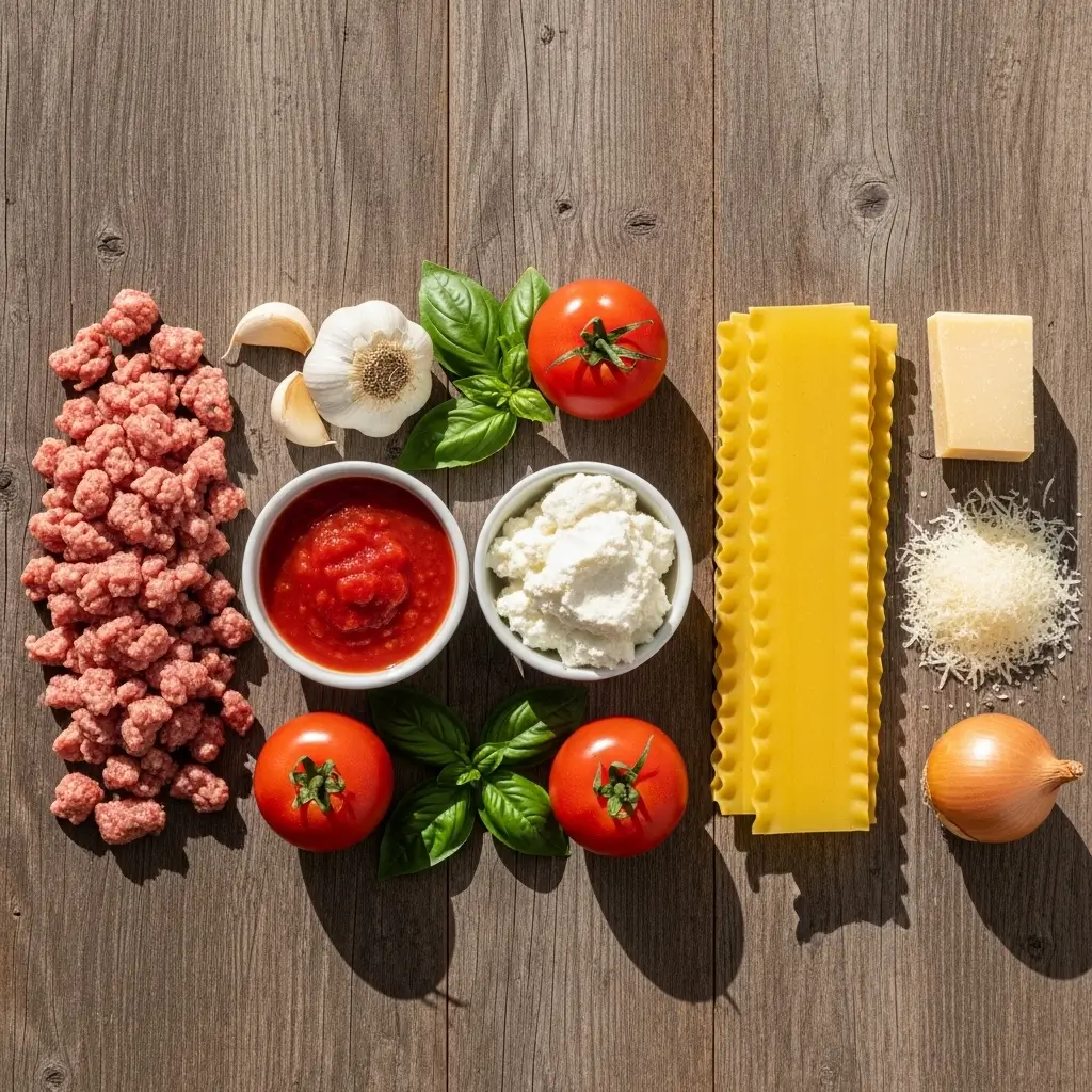 Lasagna Soup with Ricotta ingredients flat lay