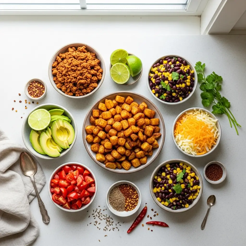 Loaded Potato Taco Bowl ingredients flat lay