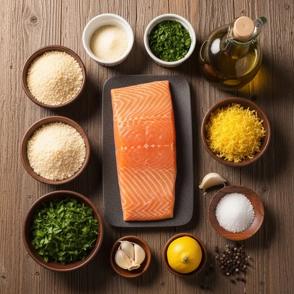 Ingredients for Parmesan Salmon Bake arranged on a board