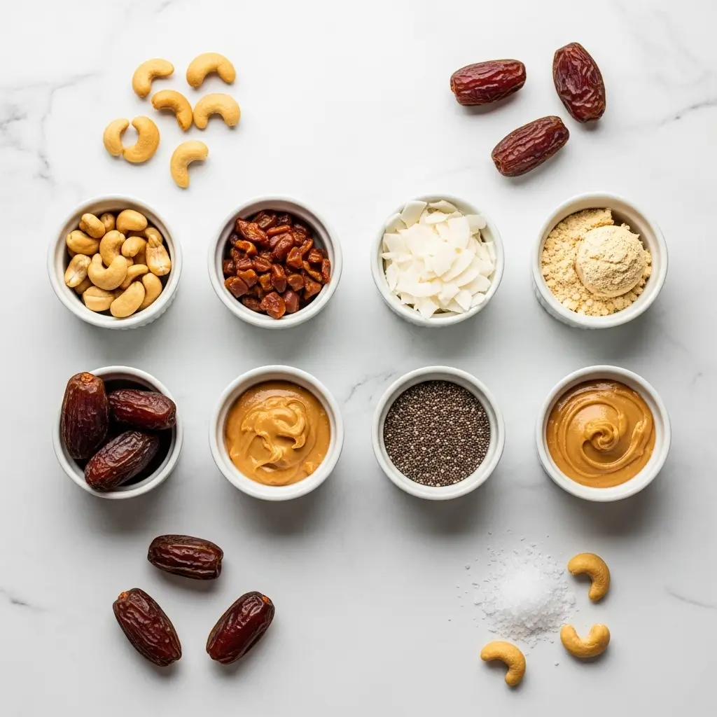 Salted Caramel Protein Balls ingredients flat lay