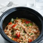 Slow Cooker Chicken Jambalaya in crockpot with sausage and rice