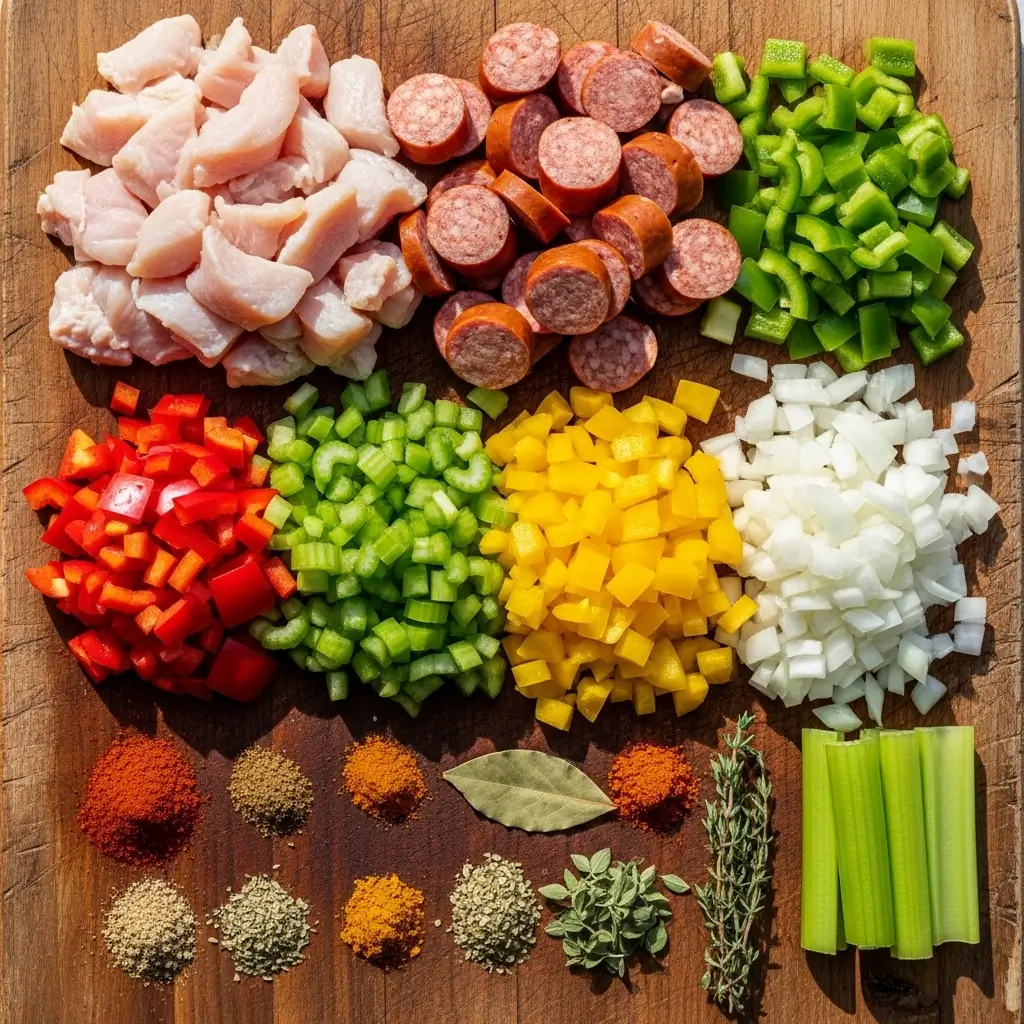 Slow Cooker Chicken Jambalaya ingredients flat lay