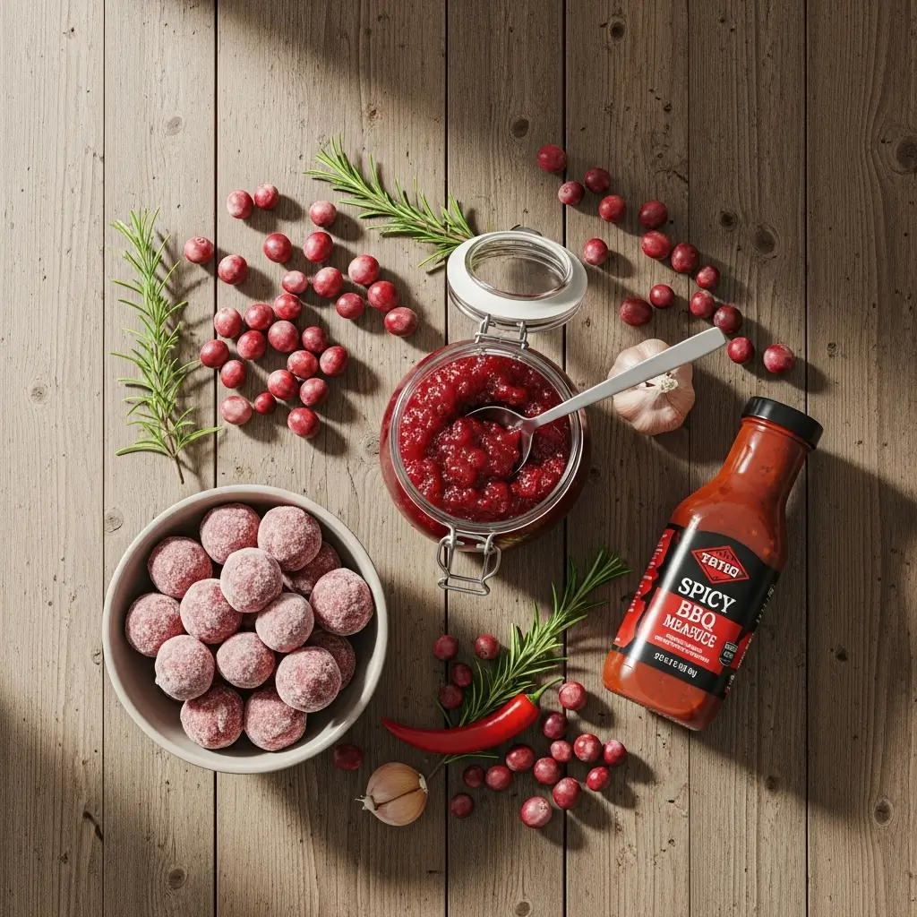 Ingredients for Spicy Cranberry BBQ Meatballs on wooden table