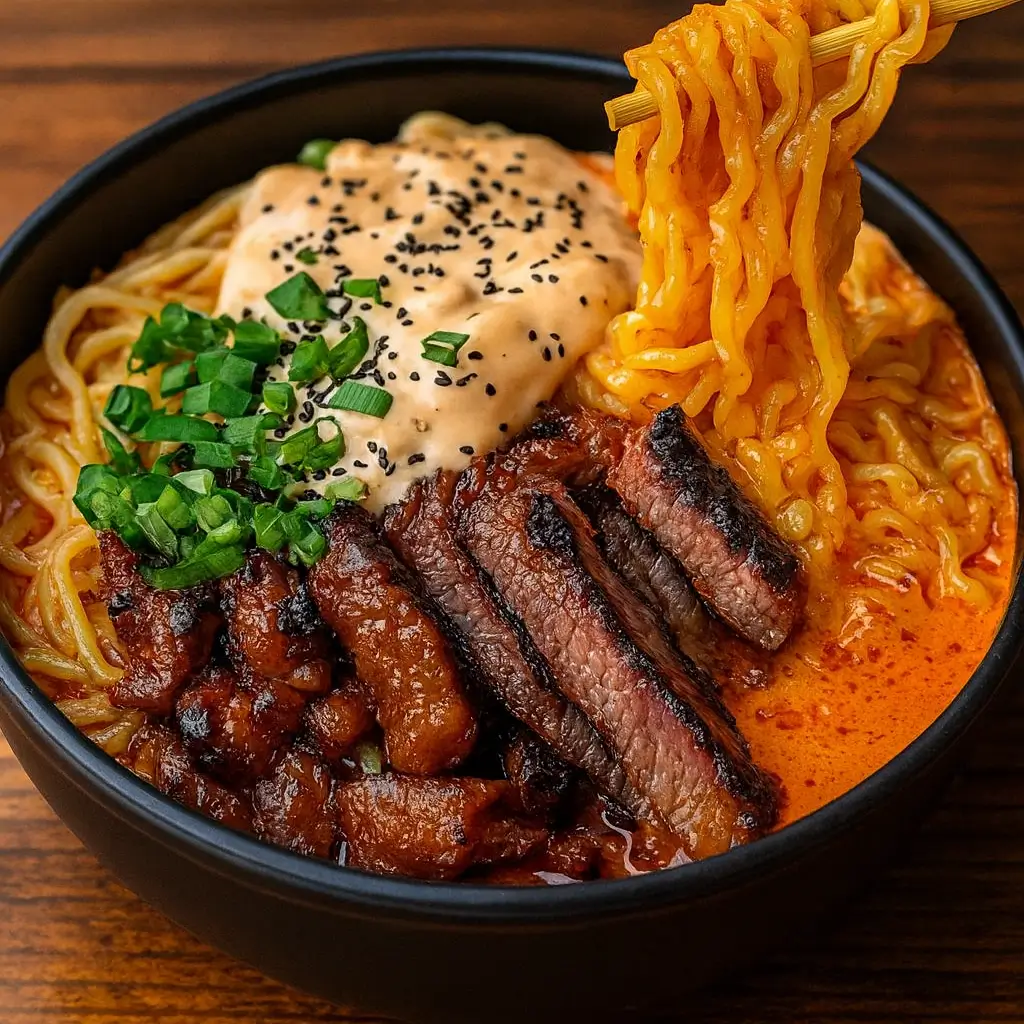Spicy Korean Ramen with Grilled Beef and Creamy Sauce – Quick & Easy Creamy Beef Delight