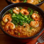 Spicy Shrimp Ramen bowl with chili broth and shrimp