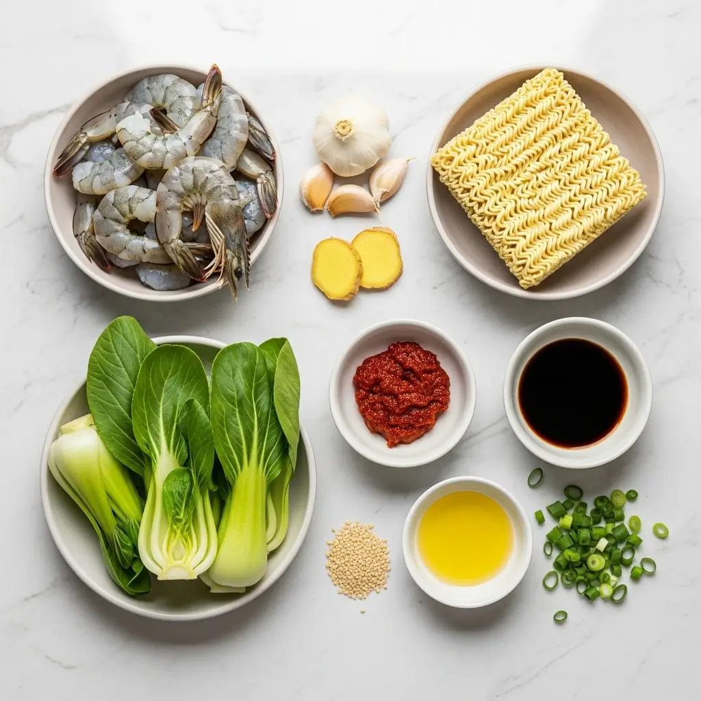 Spicy Shrimp Ramen ingredients on kitchen counter