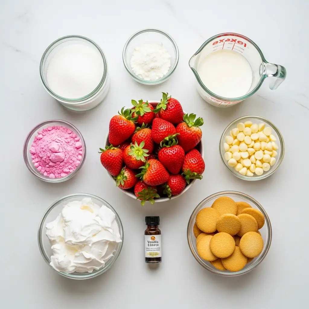 Strawberry Shortcake Fudge ingredients flat lay